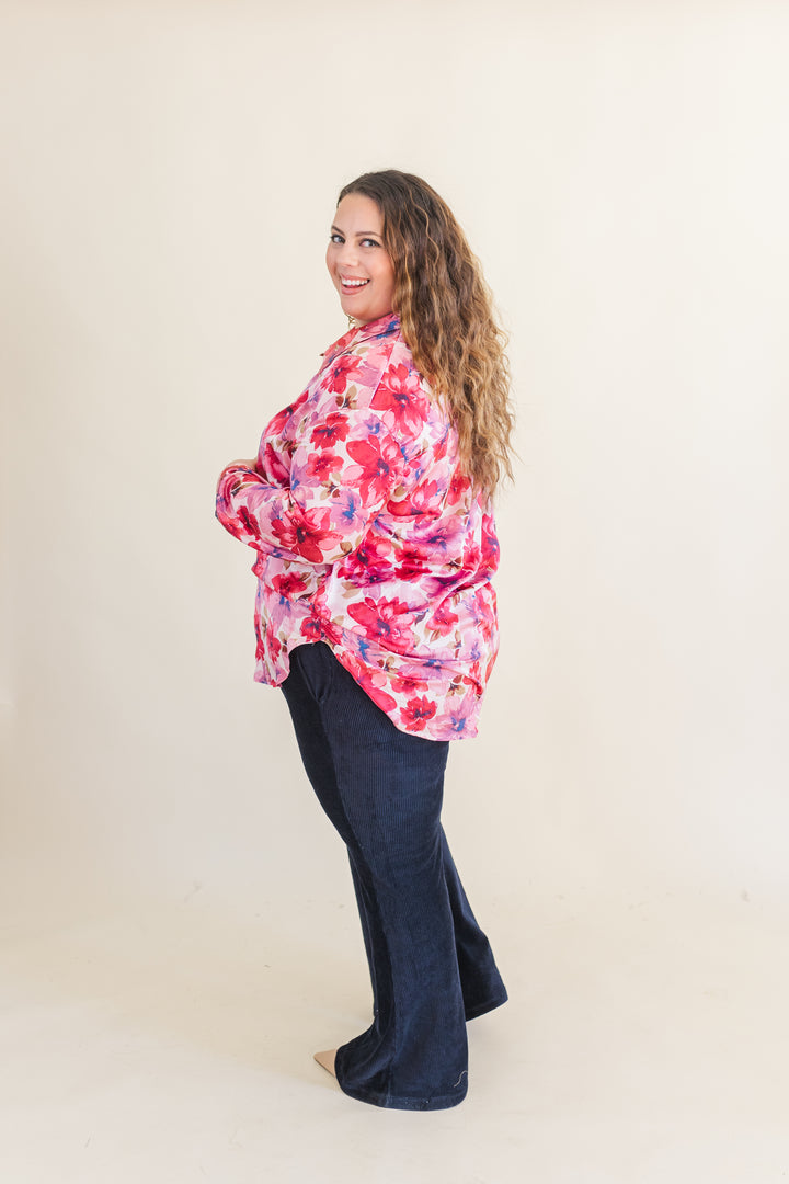 Sylvie Floral Print Button Up Long Sleeve Shirt in Pink