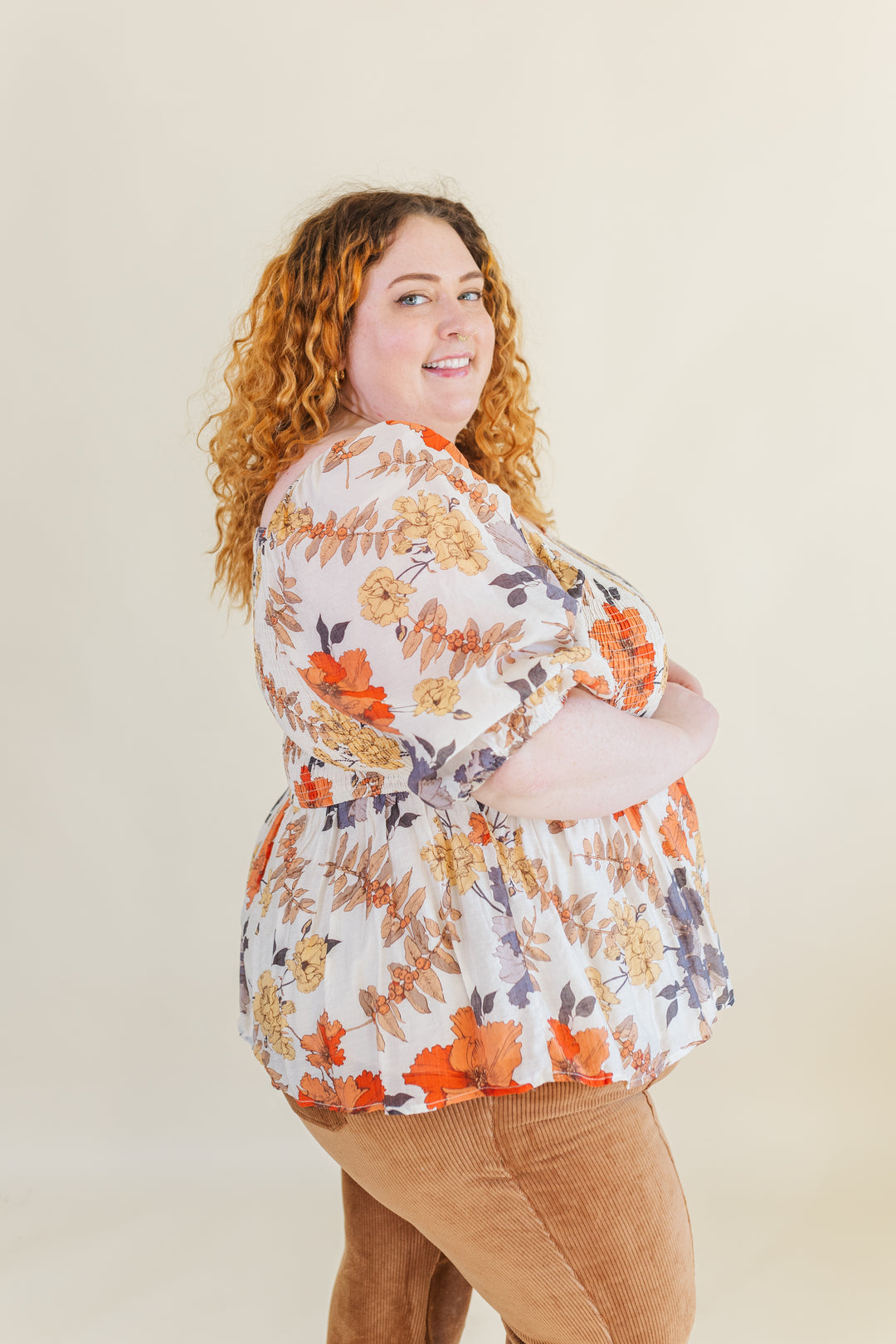 Hadley Puff Sleeve Smocked Blouse in Rust Mix