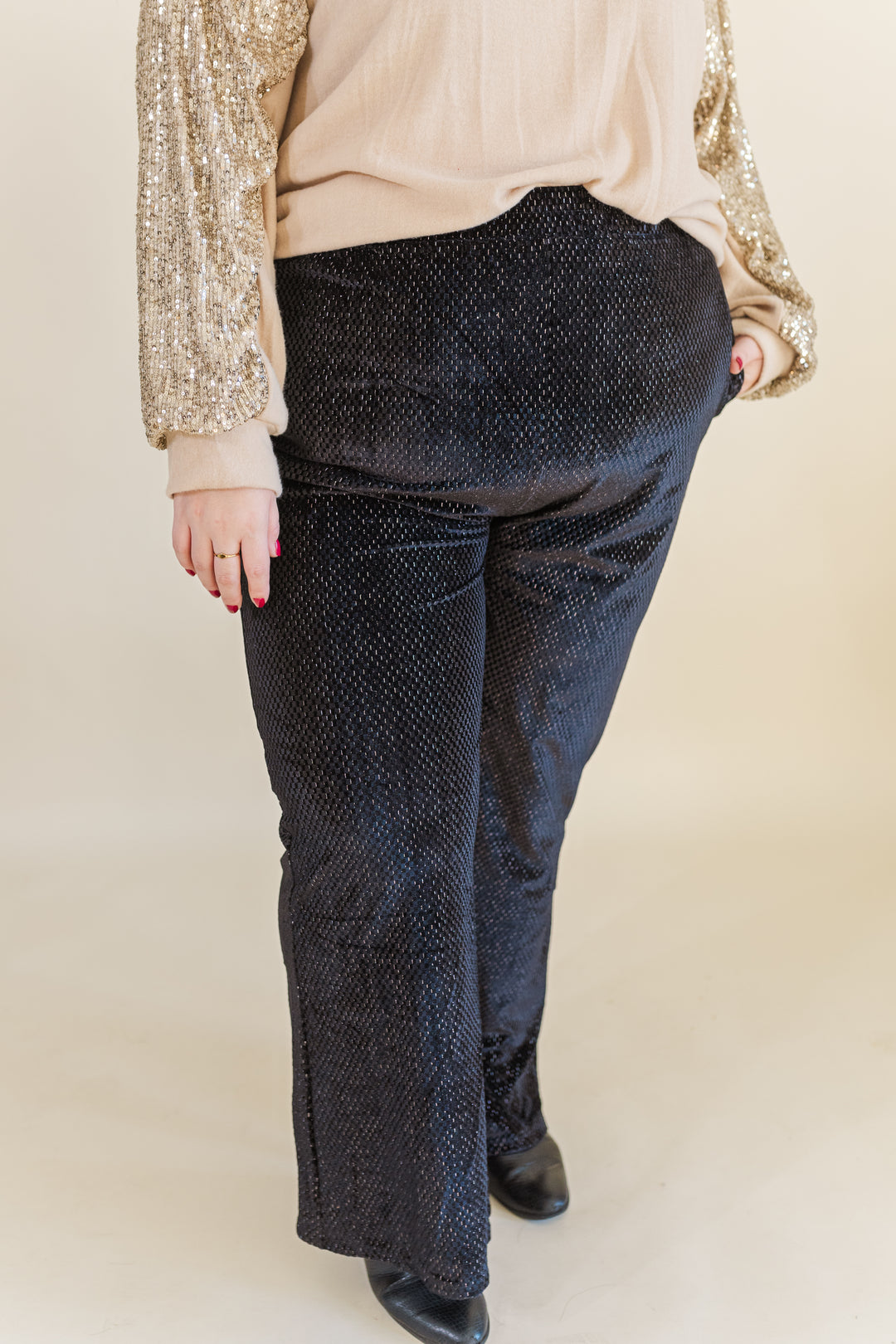 Clara Textured Velvet Wide Leg Pants in Black