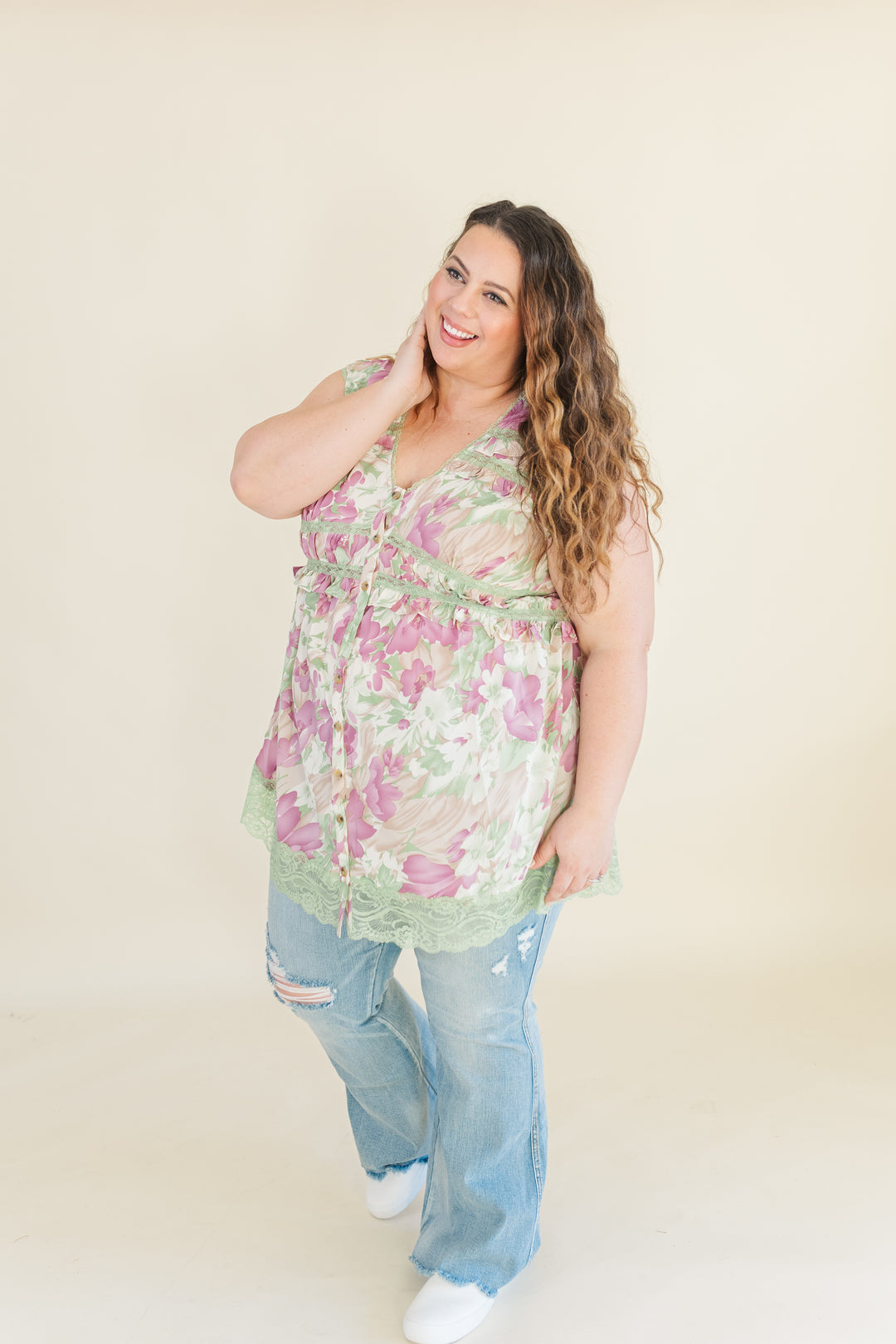 Farrah Tank Tunic with Lace Detailing in Olive Mix