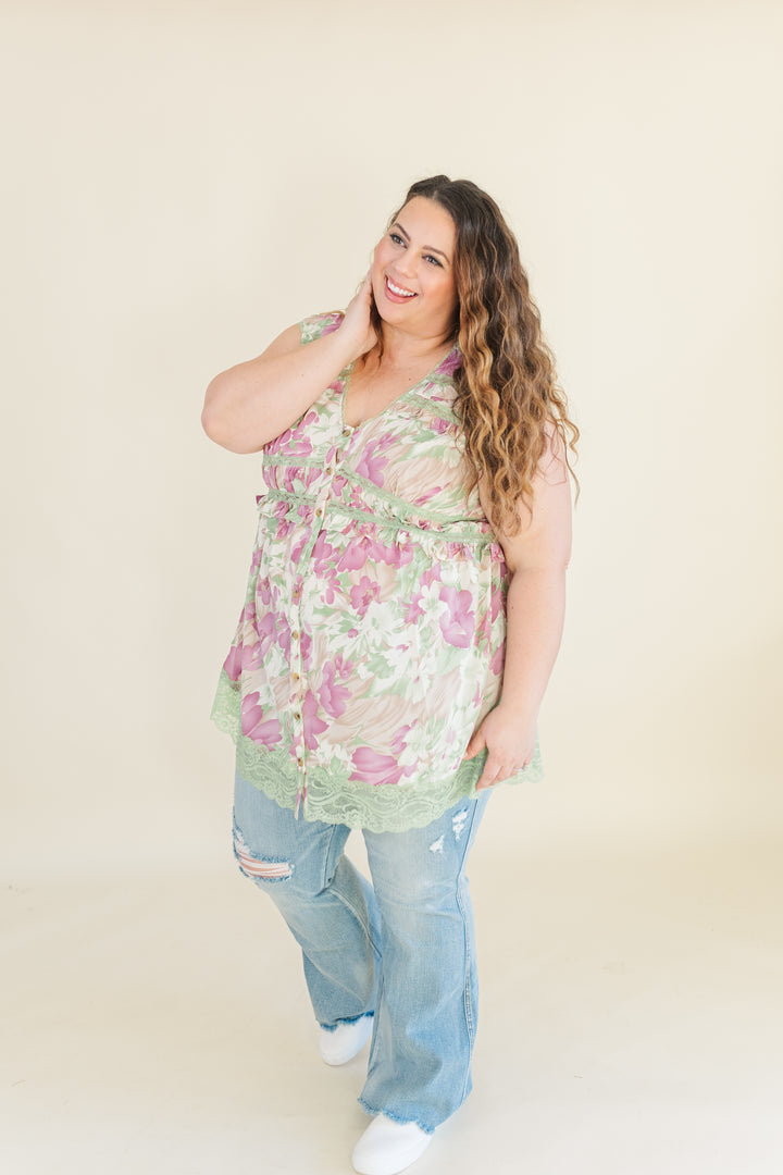 Farrah Tank Tunic with Lace Detailing in Olive Mix