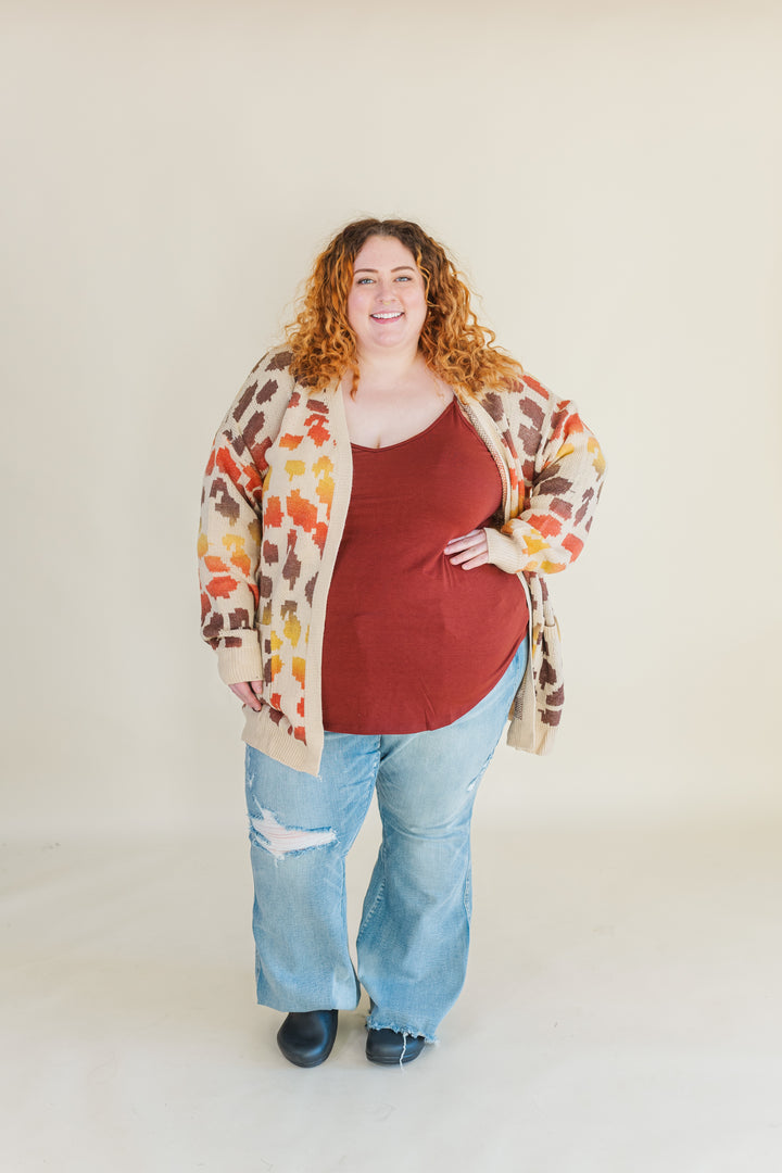 Coraline Animal Print Sweater Cardigan in Rust Mix