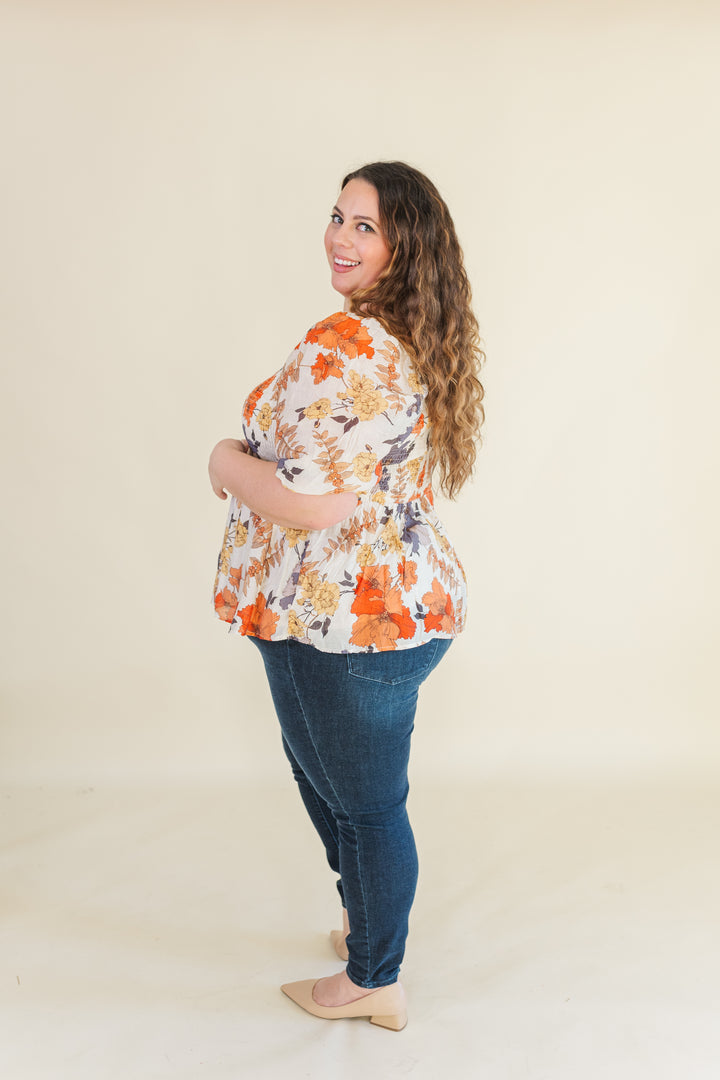 Hadley Puff Sleeve Smocked Blouse in Rust Mix