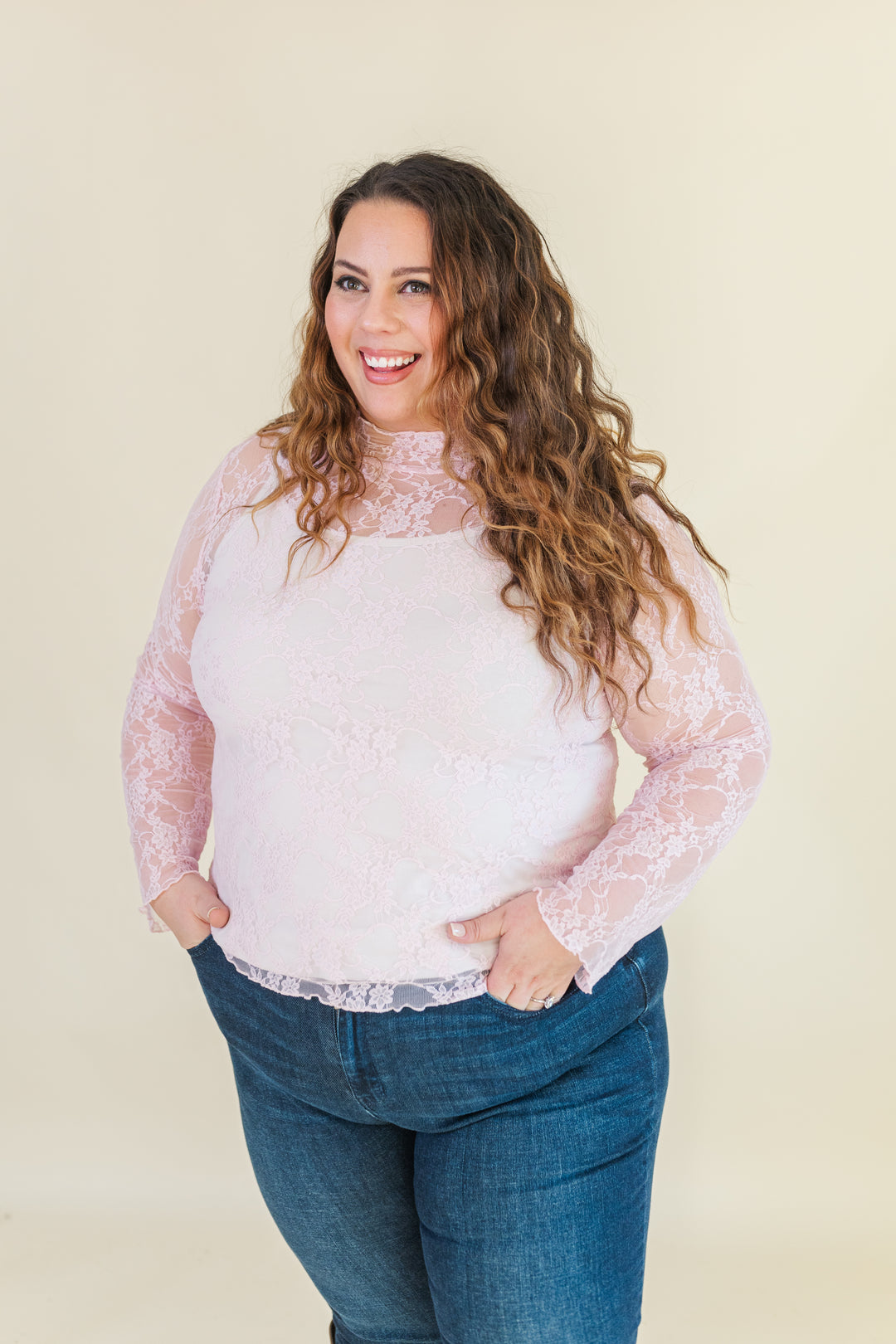 Emily Long Sleeve Lace Layering Top in Pink