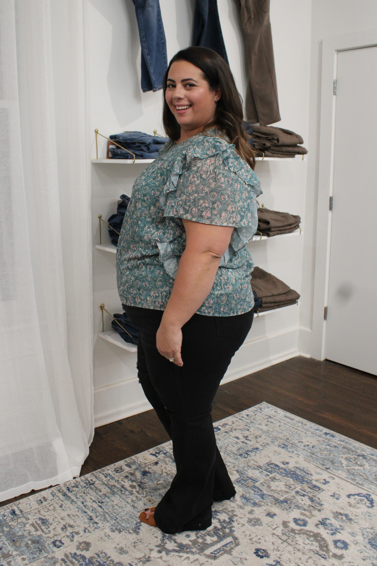 Presley Ruffle Detail Floral Blouse in Teal