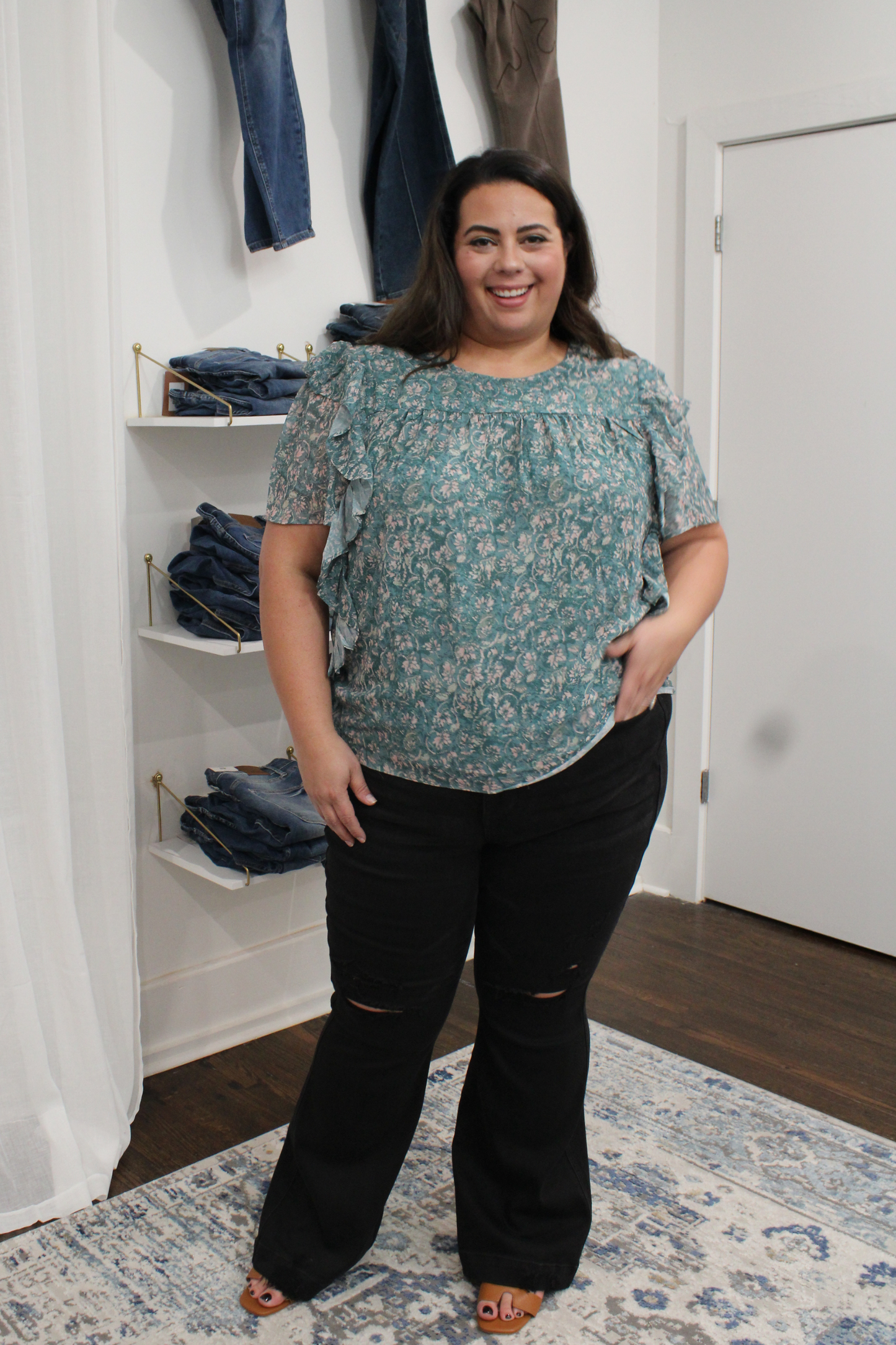 Presley Ruffle Detail Floral Blouse in Teal